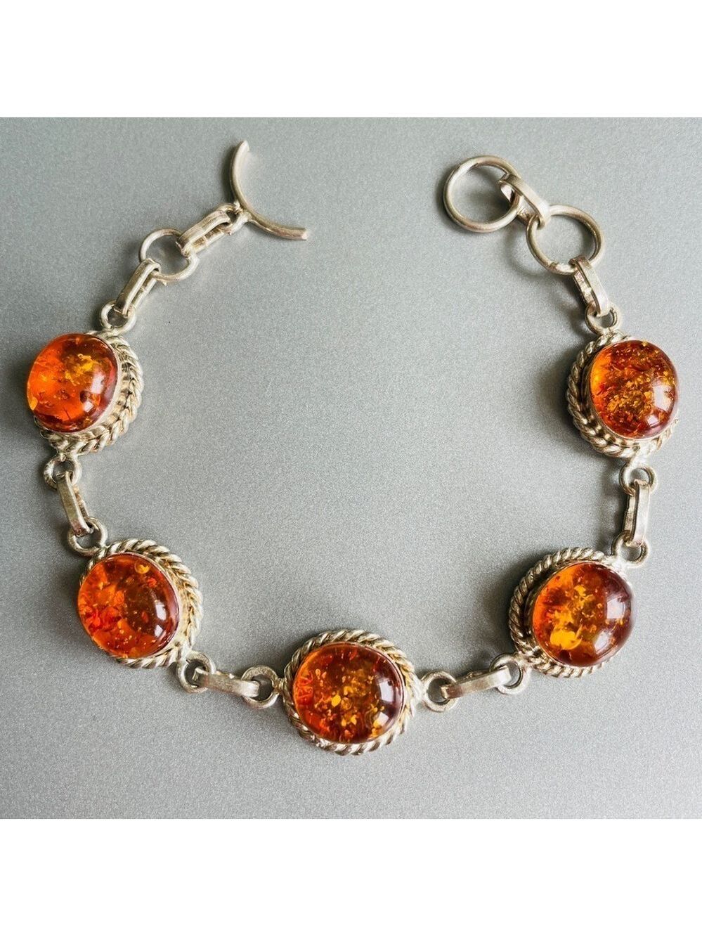 Natural Baltic Honey Amber Gemstone Link Sterling Silver Bracelet Wire D…